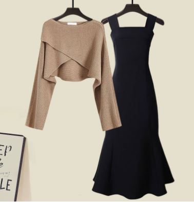 EB | Zweiteiliges Satz Aus Hochwertigem Kreuzstrickpullover und Fishtail Kleid