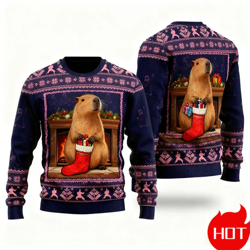 EB | Weihnachtspullover - 3D Capybara Design, Warmer Komfort & Fröhlicher Festlicher Stil