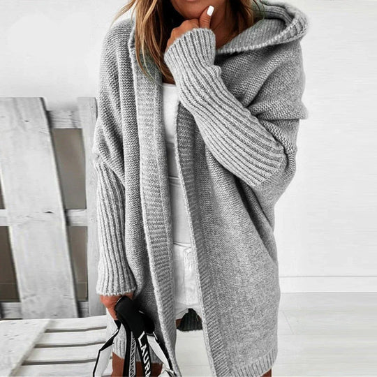 EB | Strickjacke Übergröße Passform Wolle Kapuze Offene Front Rippenstrick