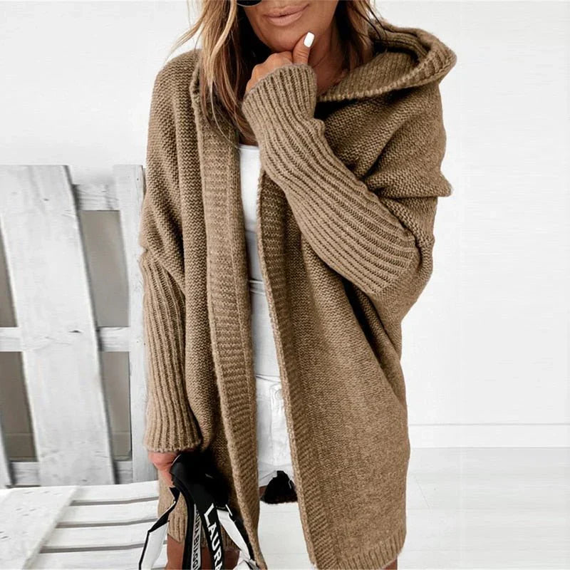 EB | Strickjacke Übergröße Passform Wolle Kapuze Offene Front Rippenstrick