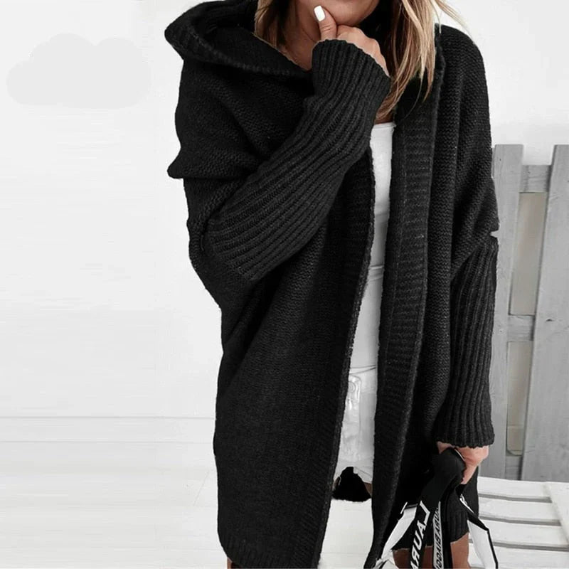 EB | Strickjacke Übergröße Passform Wolle Kapuze Offene Front Rippenstrick