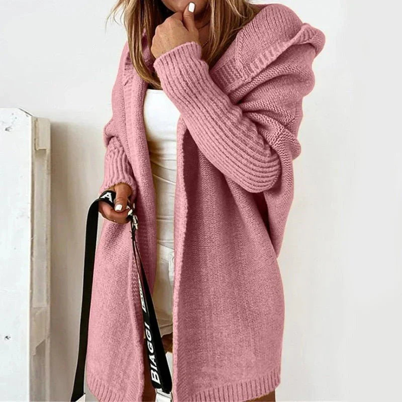 EB | Strickjacke Übergröße Passform Wolle Kapuze Offene Front Rippenstrick