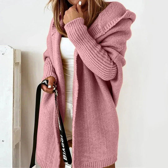 EB | Strickjacke Übergröße Passform Wolle Kapuze Offene Front Rippenstrick