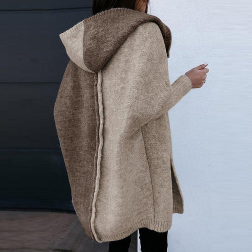 EB | Strickjacke Wollstrick Lockerer Schnitt Offene Front Kapuze und Rippkanten