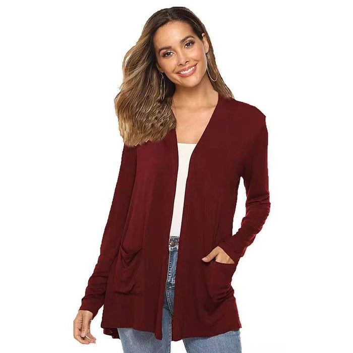 EB | Damen Casual Einfarbig Cardigan mit Offener Vorderseite und Taschen