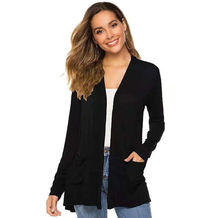 EB | Damen Casual Einfarbig Cardigan mit Offener Vorderseite und Taschen