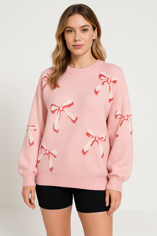 EB | Pullover Übergröße Passform Wollstrick Jacquard Schleifenmuster Rundhals