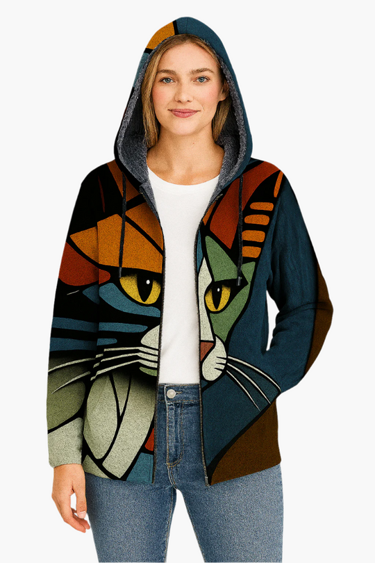 EB | Kapuzenjacke mit Künstlerischem Katzenmotiv - Moderne Freizeitjacke für Einen Einzigartigen Look
