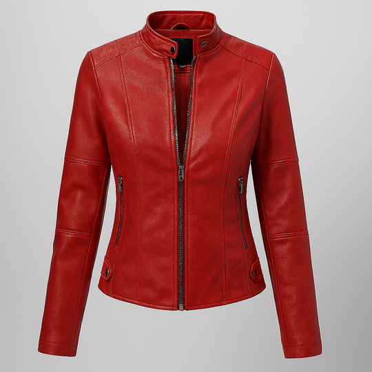 EB | Tailliertes Rotes Leder-Motorradjacke für Damen