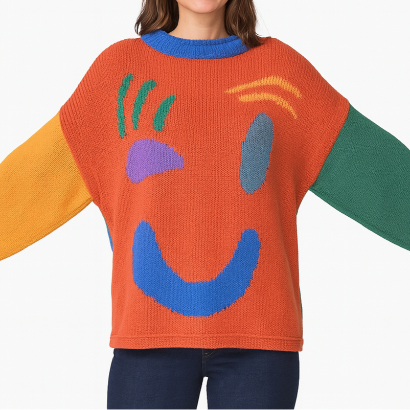 EB | Strickpullover Im Künstlerstil - Gemütlicher Freizeit-Jumper mit Abstraktem Gesichtsmuster
