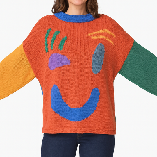 EB | Strickpullover Im Künstlerstil - Gemütlicher Freizeit-Jumper mit Abstraktem Gesichtsmuster
