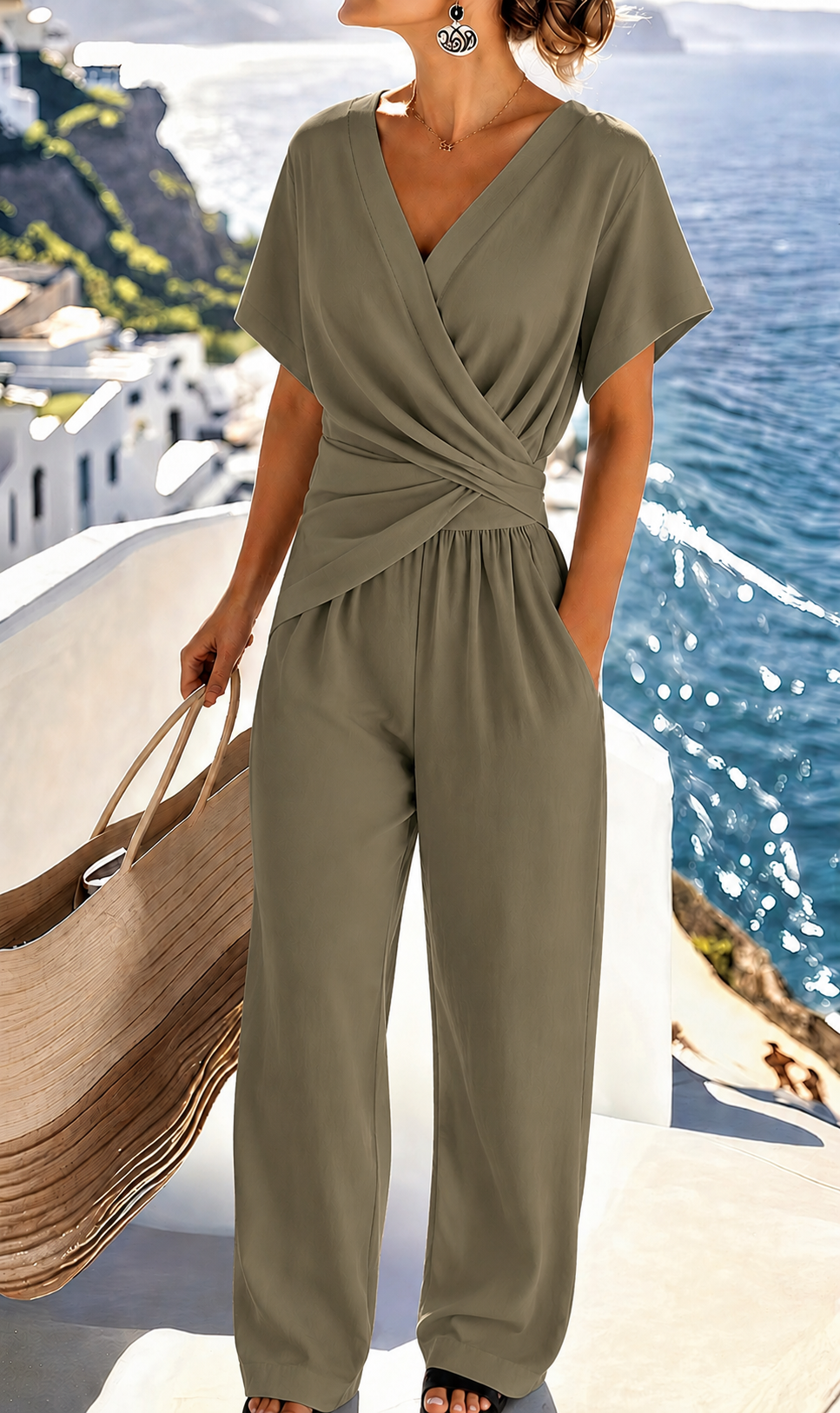 Damen Eleganter mit Wickeloptik und breiten Beinen EB