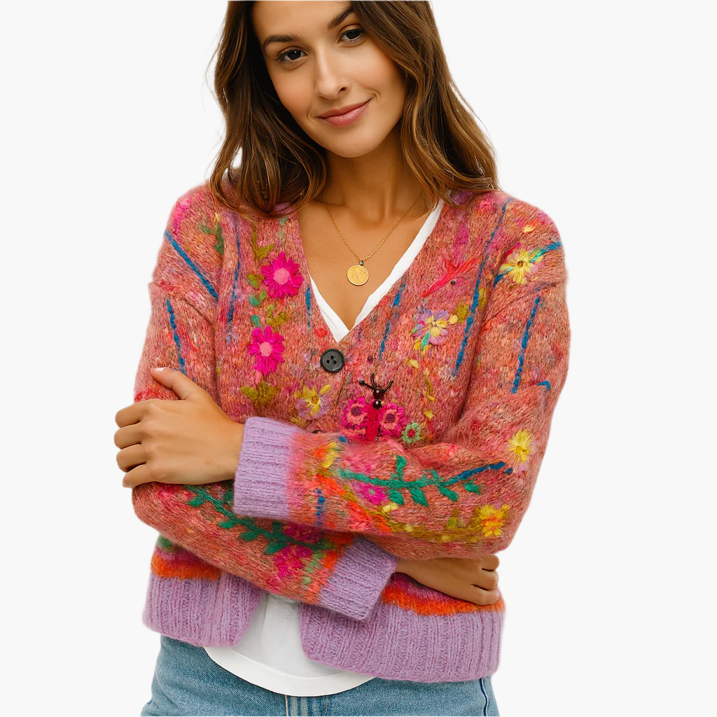 EB | Strickjacke Im Boho-Stil mit Floralen Akzenten - Gemütliche, Modische Cardigan für Freizeit und Alltag
