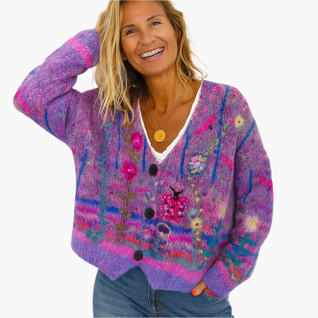 EB | Strickjacke Im Boho-Stil mit Floralen Akzenten - Gemütliche, Modische Cardigan für Freizeit und Alltag