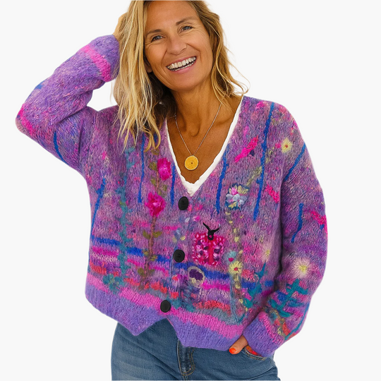 EB | Strickjacke Im Boho-Stil mit Floralen Akzenten - Gemütliche, Modische Cardigan für Freizeit und Alltag