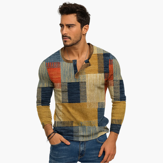 EB | Patchwork Strickpullover - Moderner Henley-Stil für Herbst & Winter