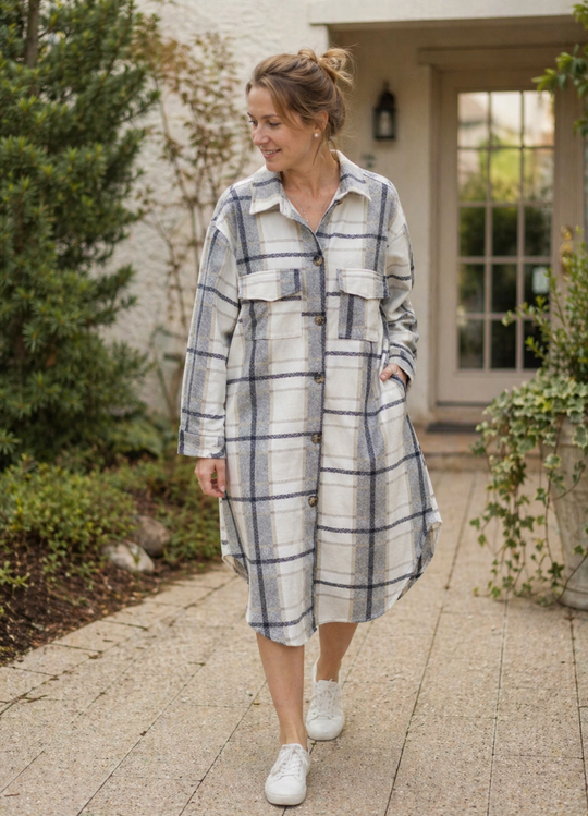 EB Damen Hemdjacke Kariert Oversize Lang Knopfleiste