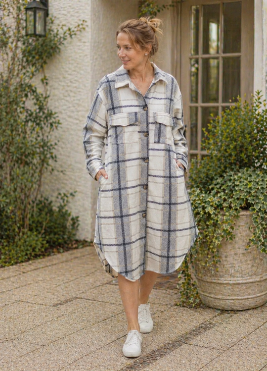 EB Damen Hemdjacke Kariert Oversize Lang Knopfleiste