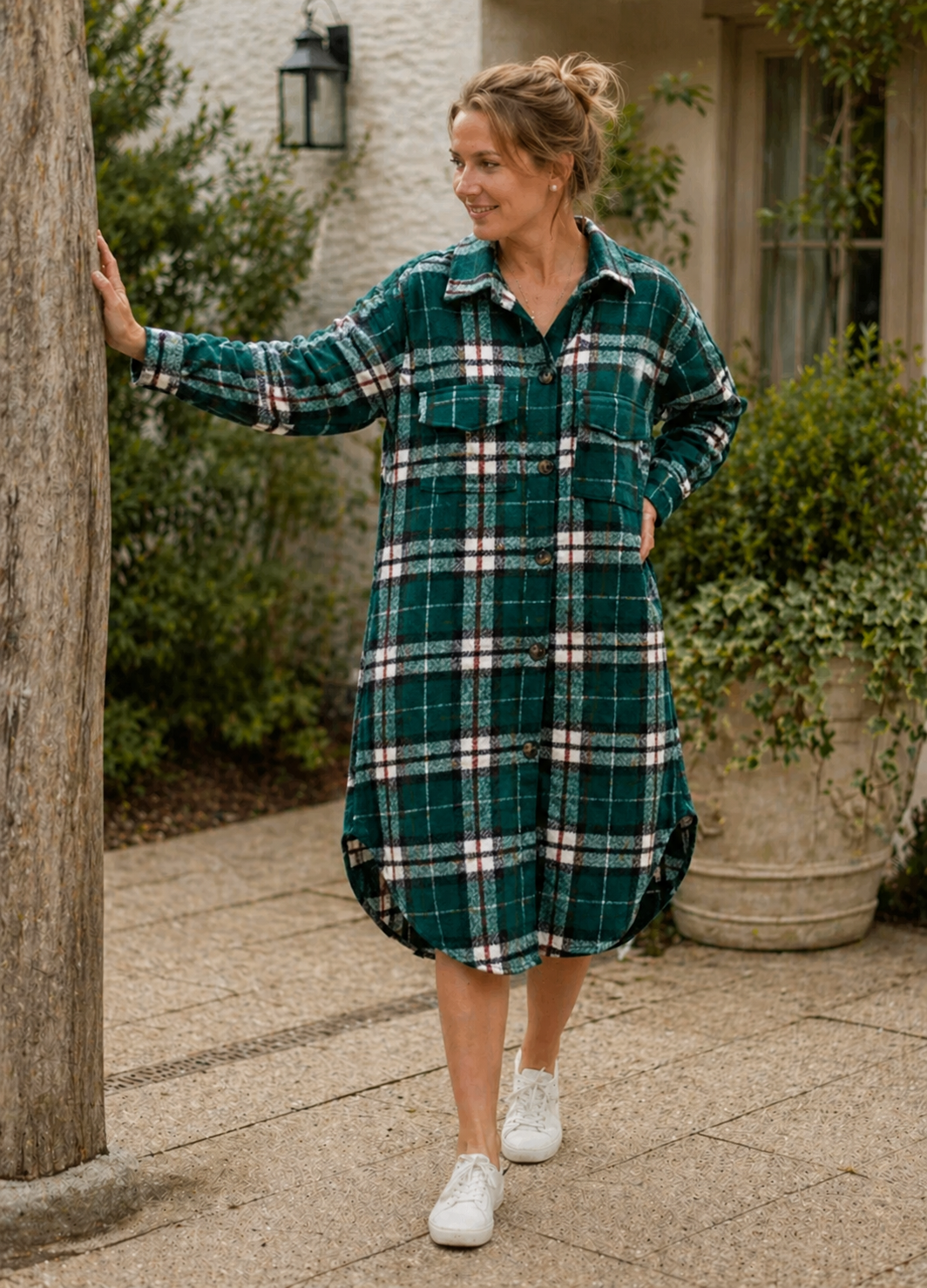 EB Damen Hemdjacke Kariert Oversize Lang Knopfleiste