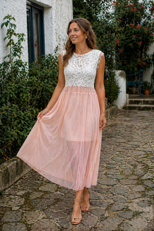 EB Damen Chiffon Midikleid Ärmellos Locker Fallend