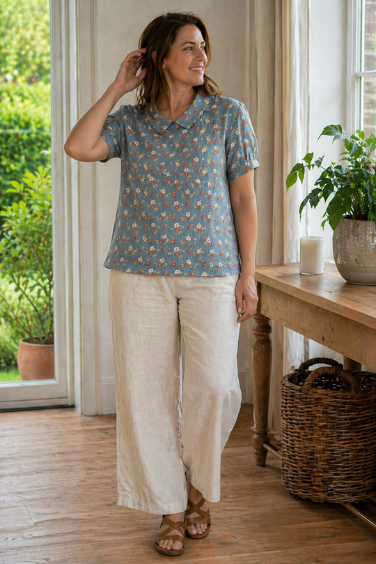 EB Damen Bluse Kurzarm mit Blumendruck und Kragen Locker