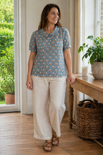 EB Damen Bluse Kurzarm mit Blumendruck und Kragen Locker