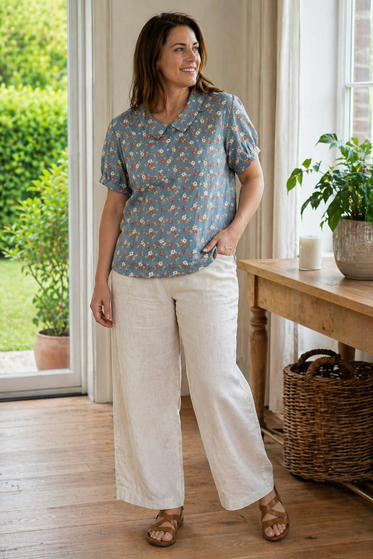 EB Damen Bluse Kurzarm mit Blumendruck und Kragen Locker