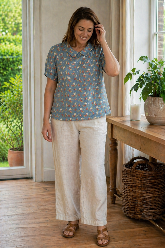 EB Damen Bluse Kurzarm mit Blumendruck und Kragen Locker