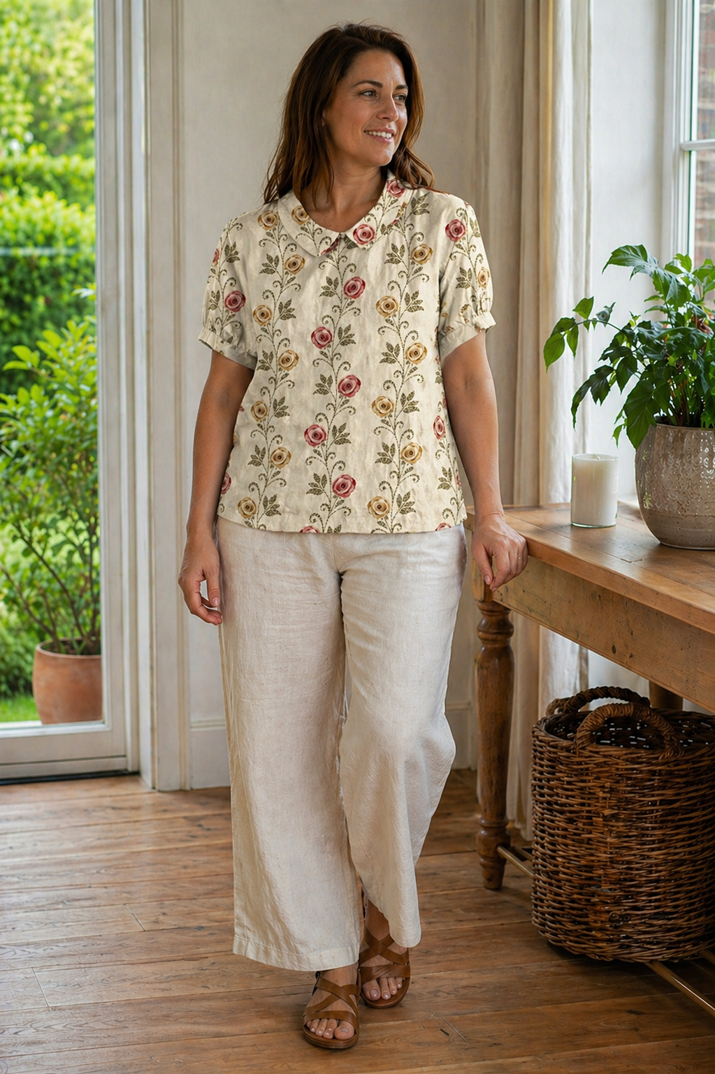 EB Damen Bluse Kurzarm mit Blumendruck und Kragen Locker