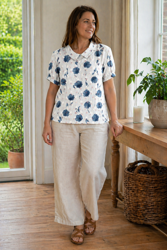 EB Damen Bluse Kurzarm mit Blumendruck und Kragen Locker