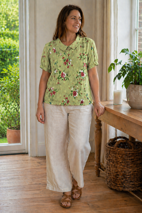 EB Damen Bluse Kurzarm mit Blumendruck und Kragen Locker