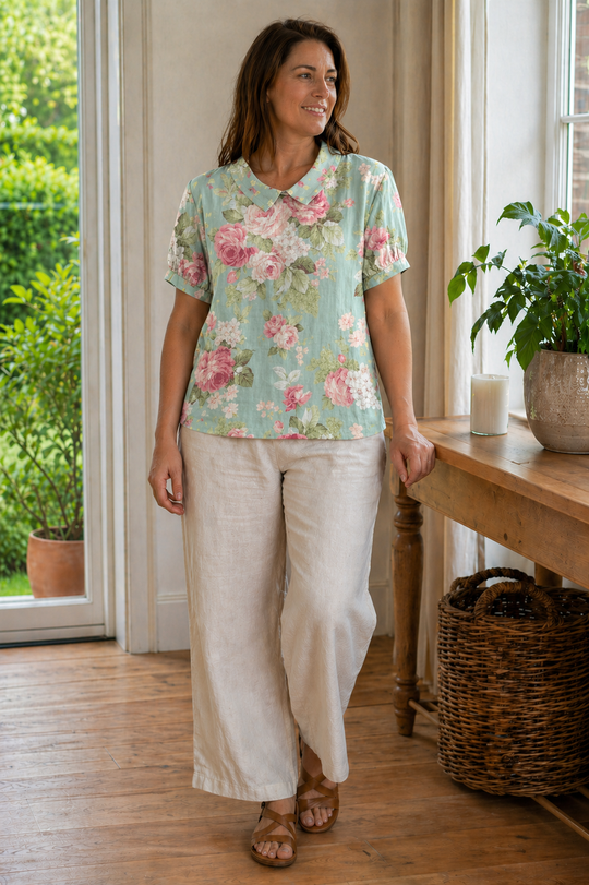 EB Damen Bluse Kurzarm mit Blumendruck und Kragen Locker