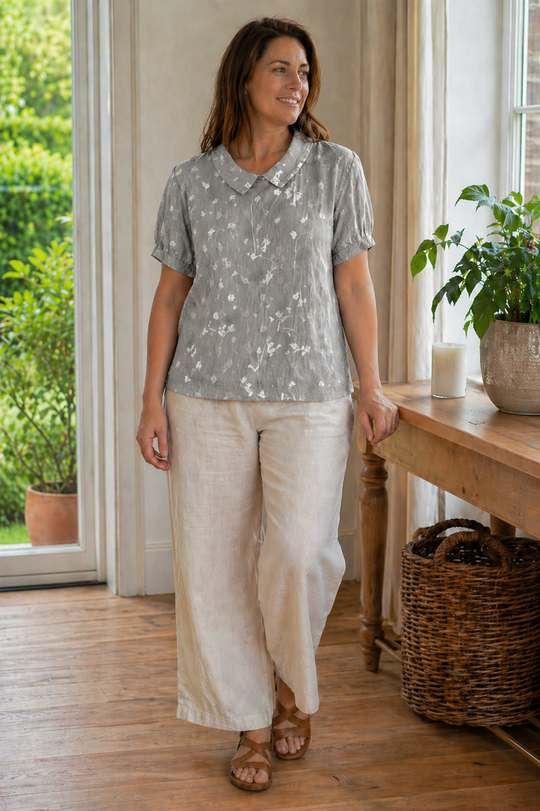EB Damen Bluse Kurzarm mit Blumendruck und Kragen Locker