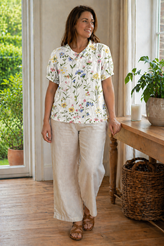 EB Damen Bluse Kurzarm mit Blumendruck und Kragen Locker