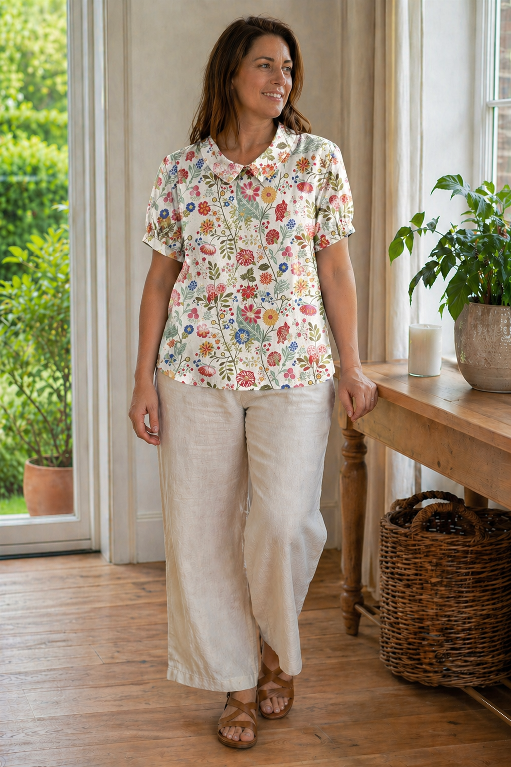EB Damen Bluse Kurzarm mit Blumendruck und Kragen Locker