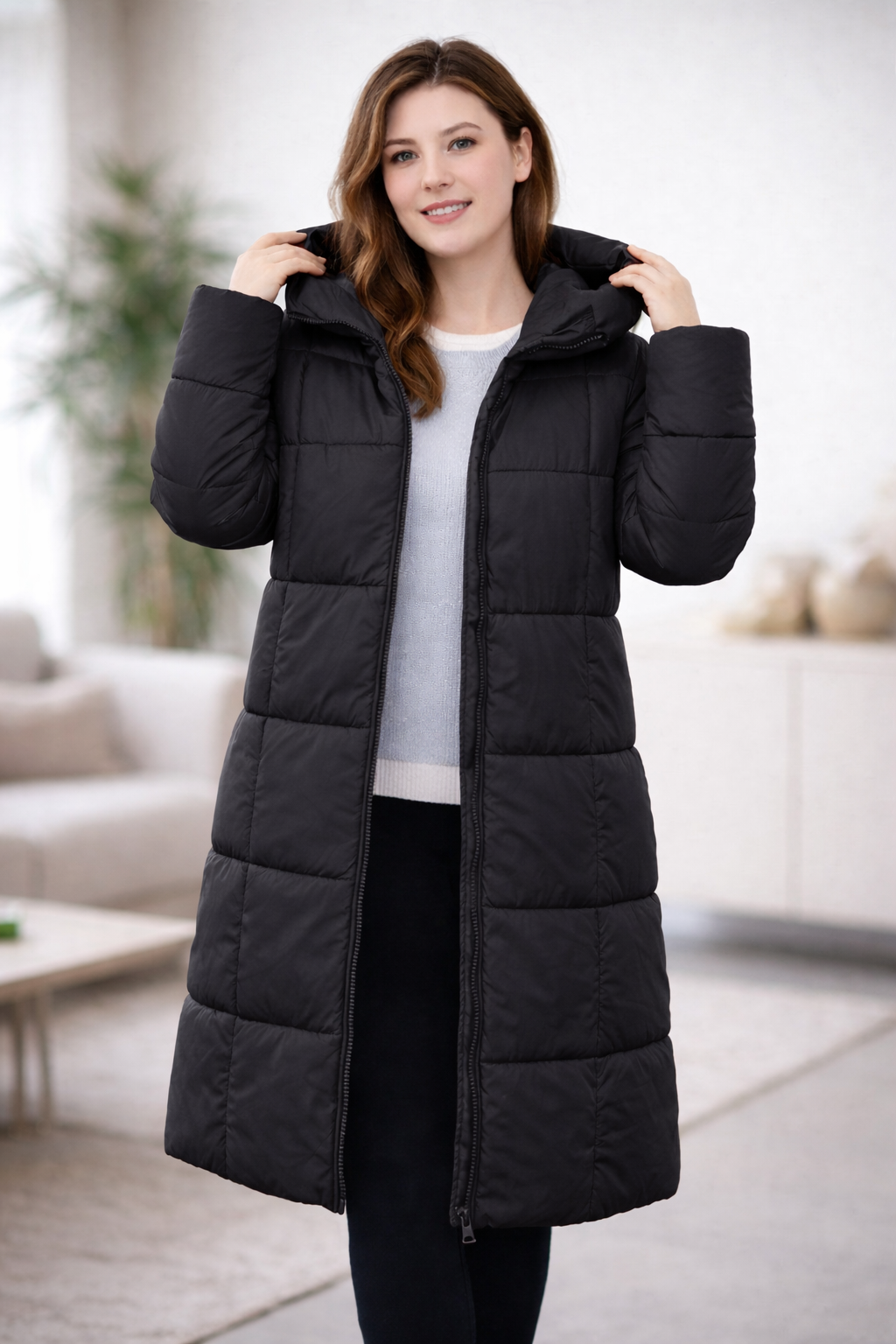 Damen Pufferjacke mit Kapuze und Reißverschluss