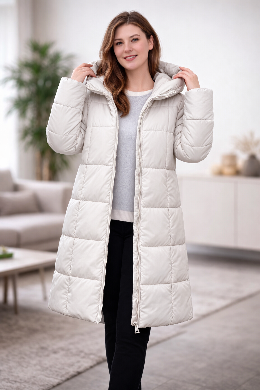 Damen Pufferjacke mit Kapuze und Reißverschluss