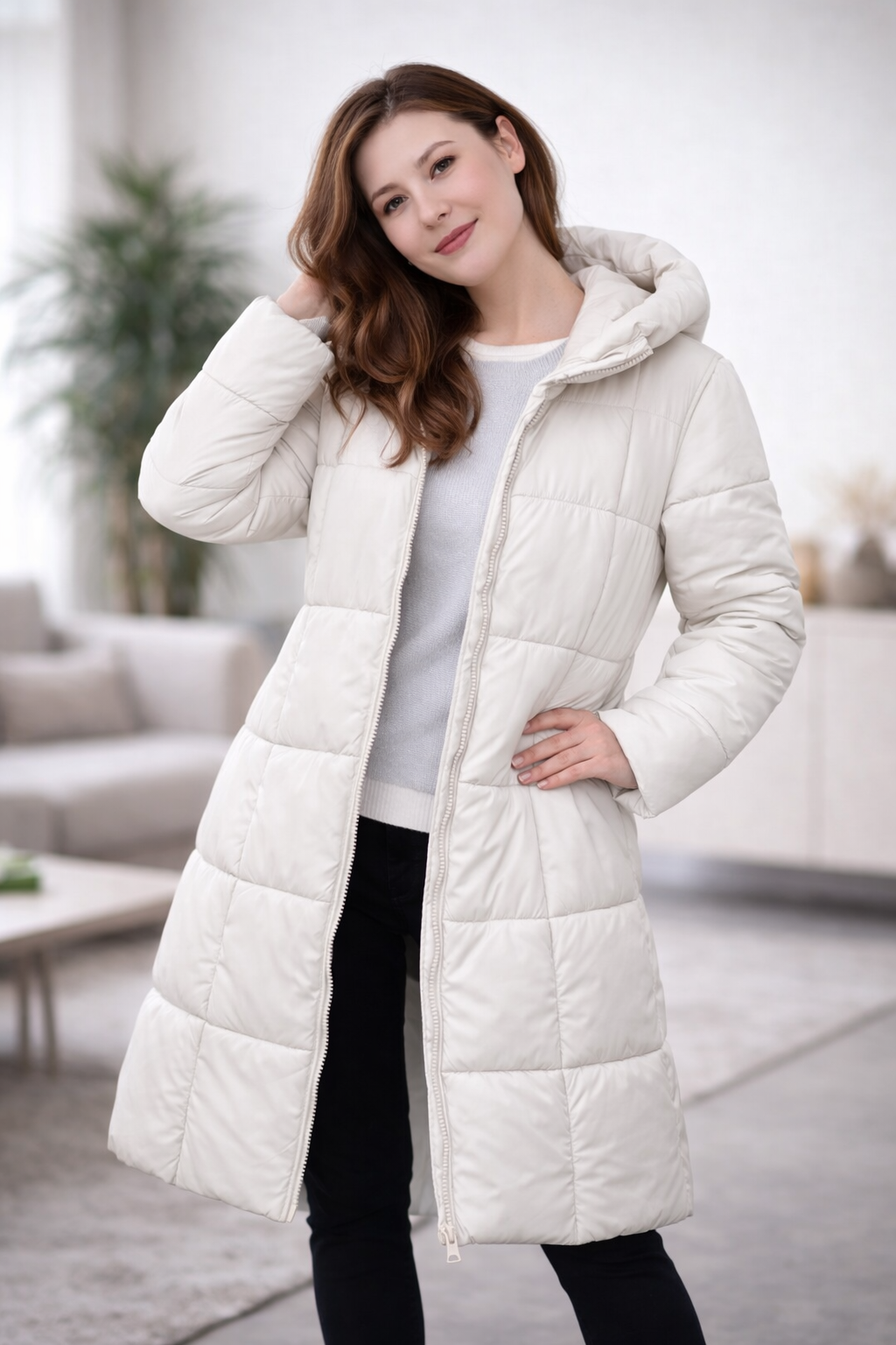 Damen Pufferjacke mit Kapuze und Reißverschluss