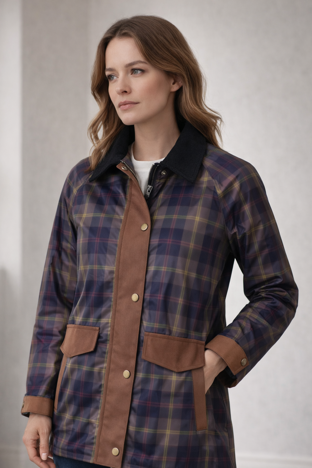 EB | Karierte Damenjacke mit Druckknopfleiste und Kontrastdetails