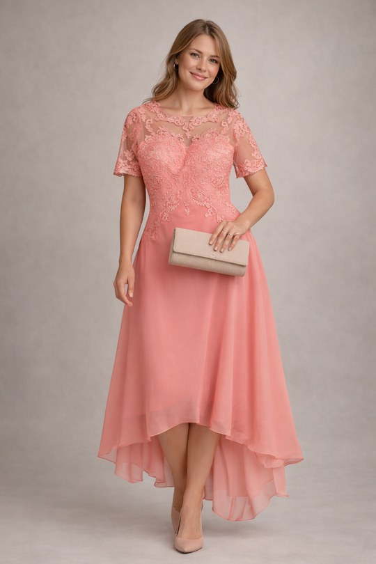 EB Damen Abendkleid mit Spitze und kurzen Ärmeln