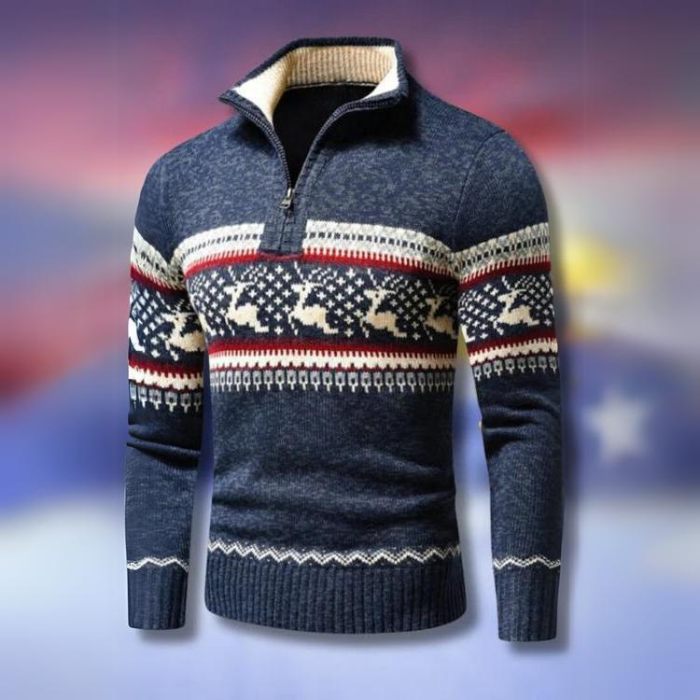 EB | Winterpullover für Herren - warmer gestrickter Pullover mit halbem Reißverschluss & skandinavischem Rentiermuster