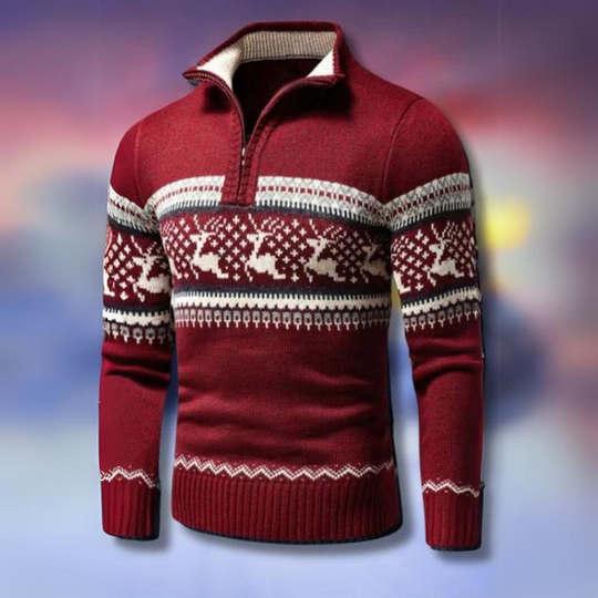 EB | Winterpullover für Herren - warmer gestrickter Pullover mit halbem Reißverschluss & skandinavischem Rentiermuster