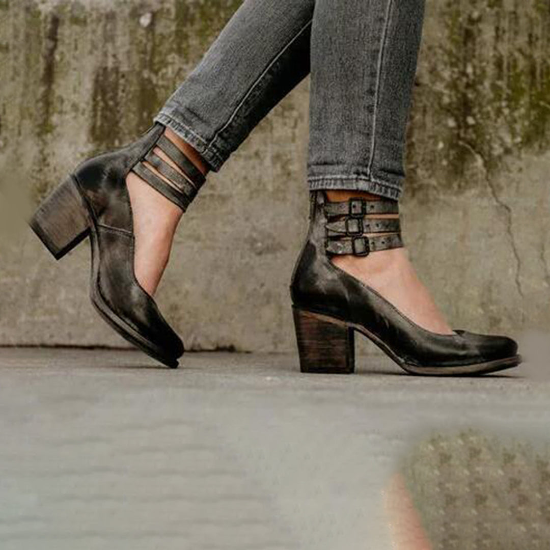 Chunky Heels - Damen Knöchelriemen Blockabsätze Geschlossene Zehen Schuhe EB