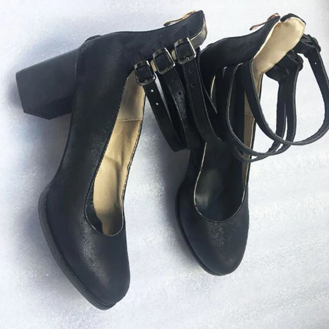 Chunky Heels - Damen Knöchelriemen Blockabsätze Geschlossene Zehen Schuhe EB