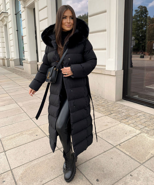 EB | Damen Lange Gewattete Winterparka mit Kapuze und Gürtel
