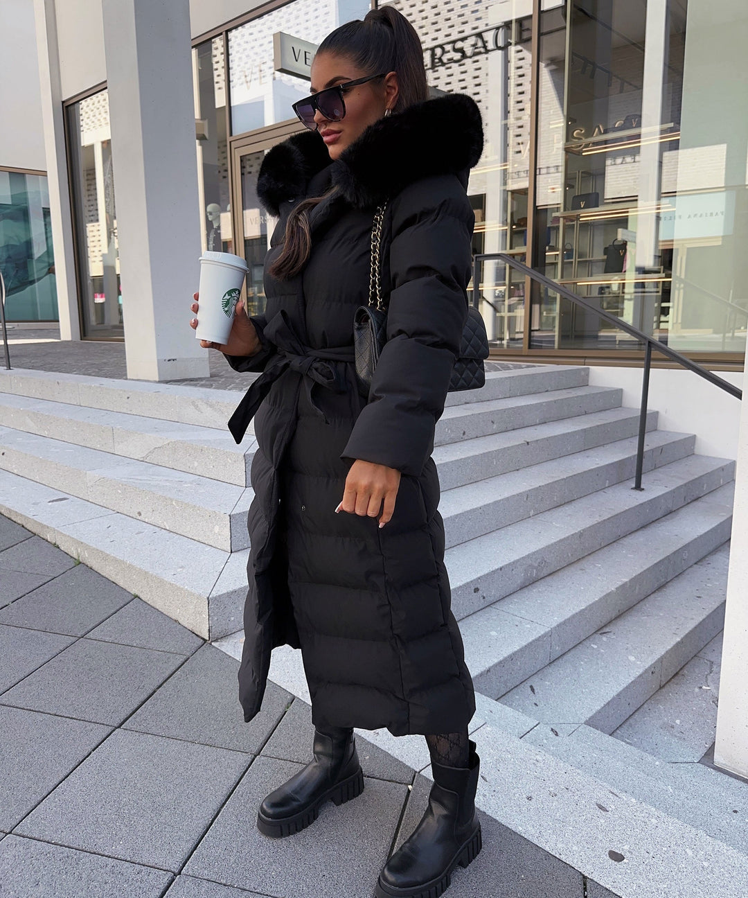 EB | Damen Lange Gewattete Winterparka mit Kapuze und Gürtel