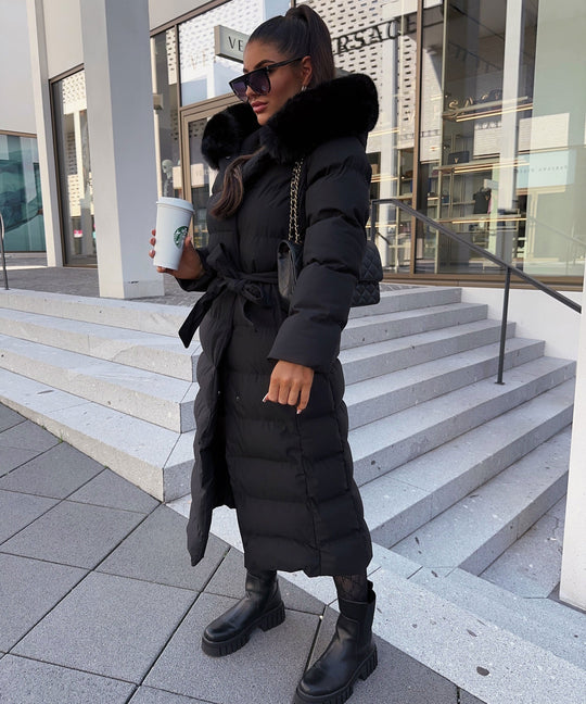 EB | Damen Lange Gewattete Winterparka mit Kapuze und Gürtel
