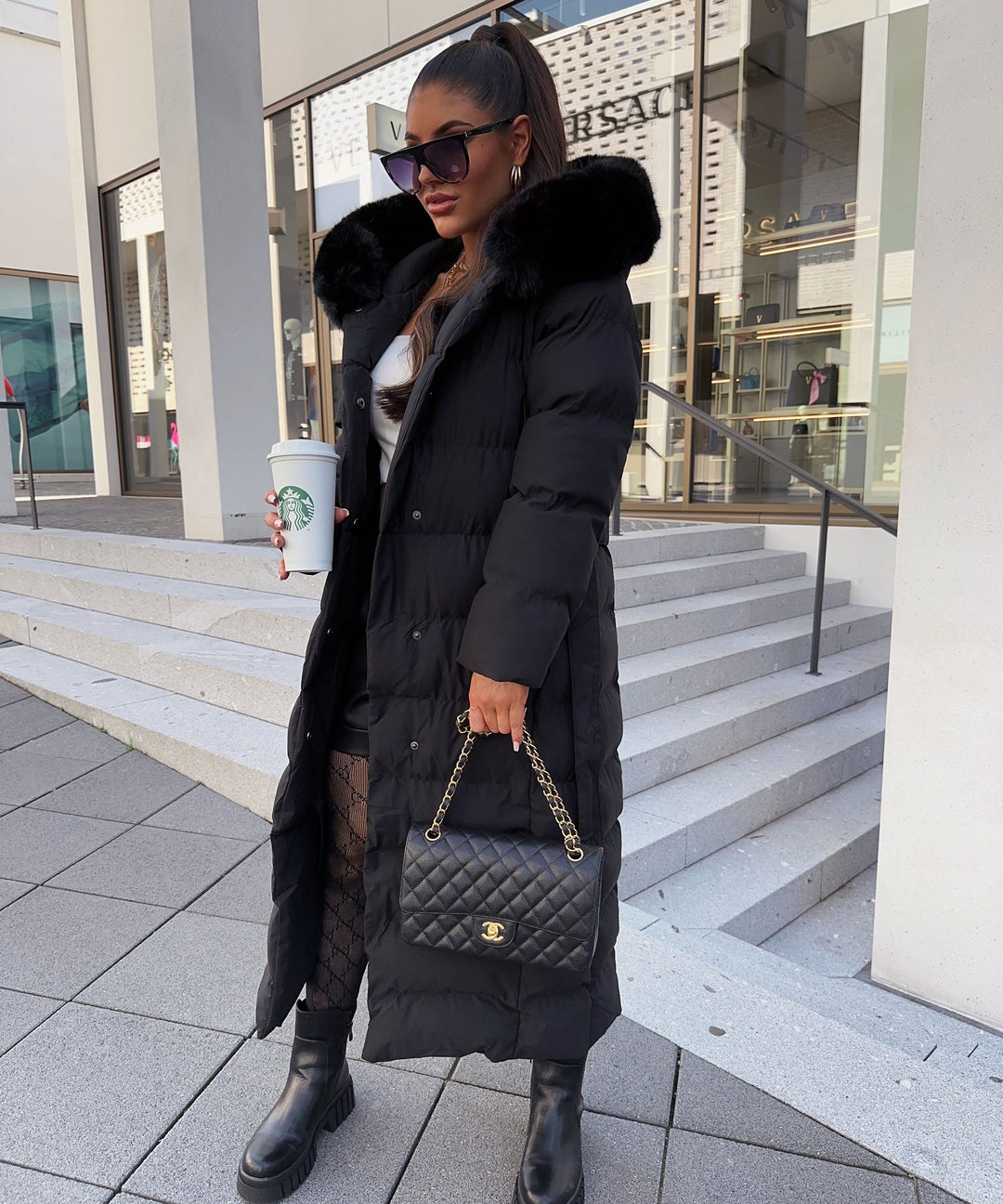 EB | Damen Lange Gewattete Winterparka mit Kapuze und Gürtel