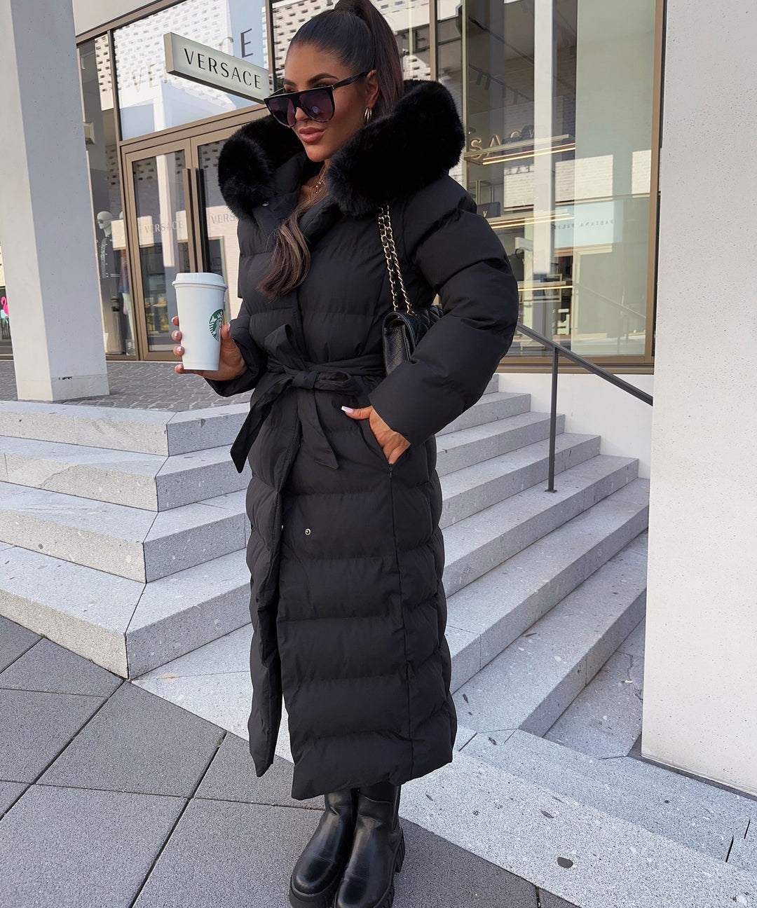 EB | Damen Lange Gewattete Winterparka mit Kapuze und Gürtel