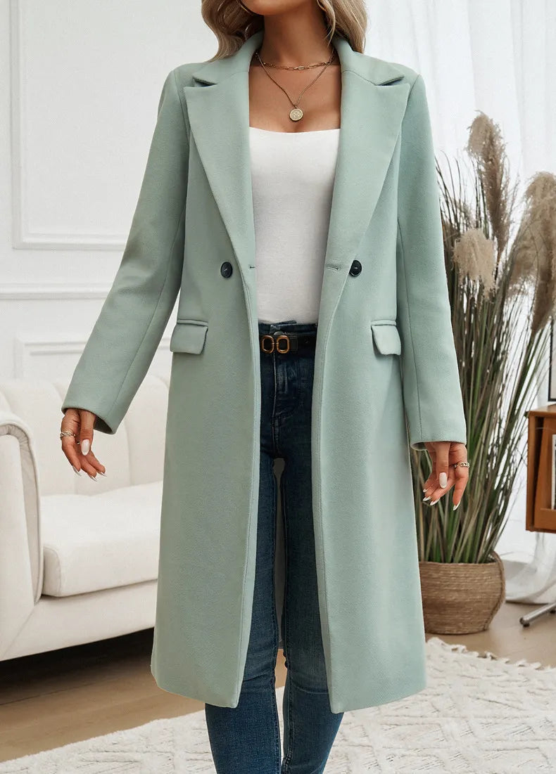 EB | Damen Eleganter Langer Trenchcoat mit Reverskragen und Einfachen Knöpfen